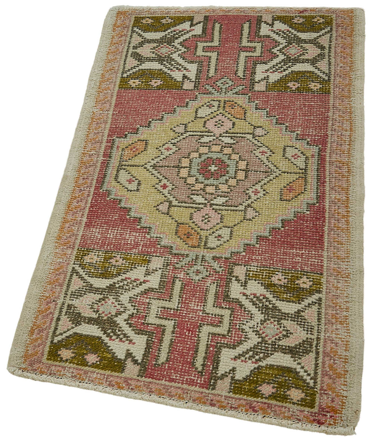 Vayla Pembe Yeşil Geometrik Etnik El Dokuma Halı 52x93 cm – doku yakın çekim