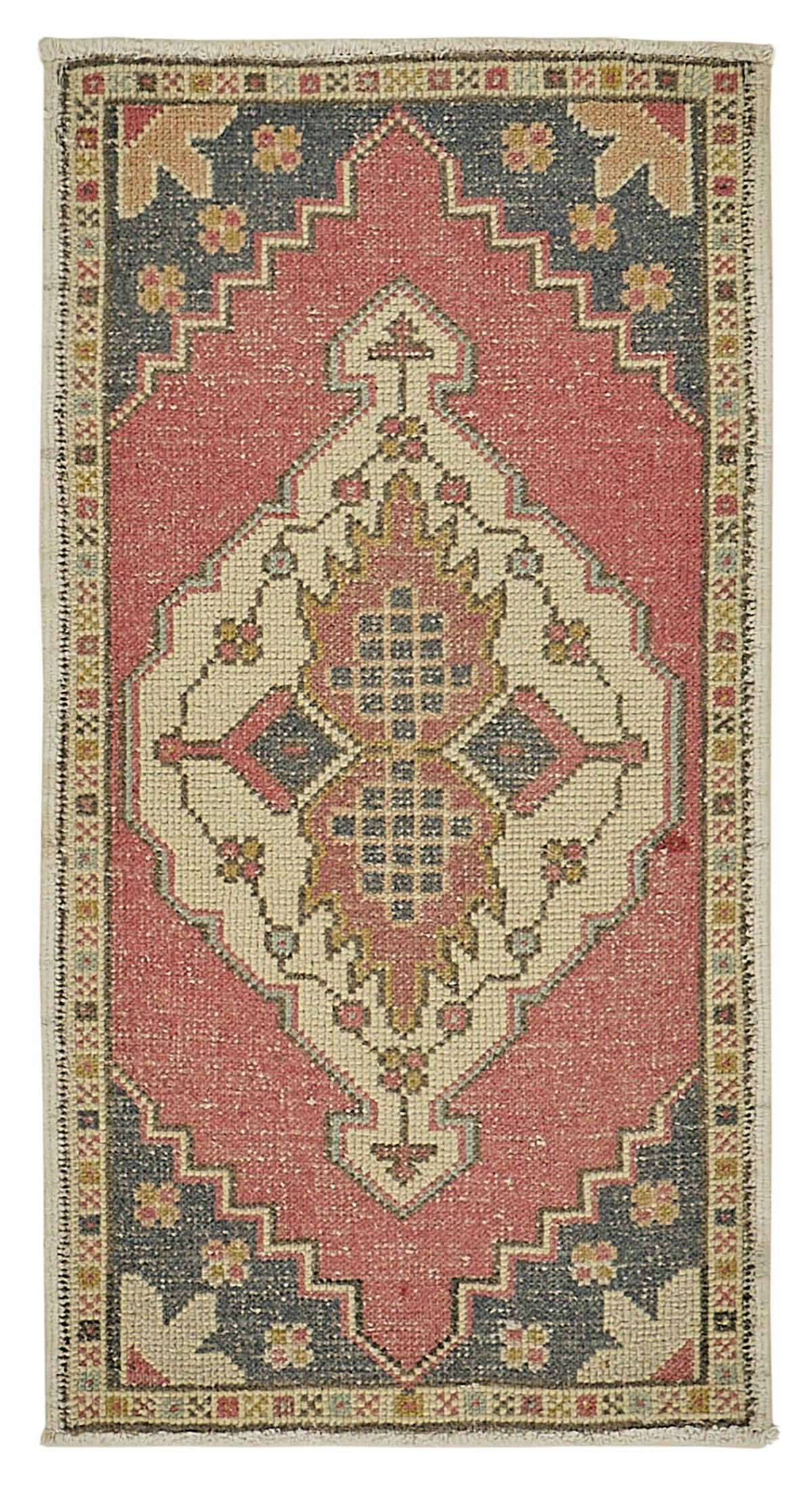 Vayla Pembe Lacivert Etnik Geometrik Desenli El Dokuma Halı 53x99 cm