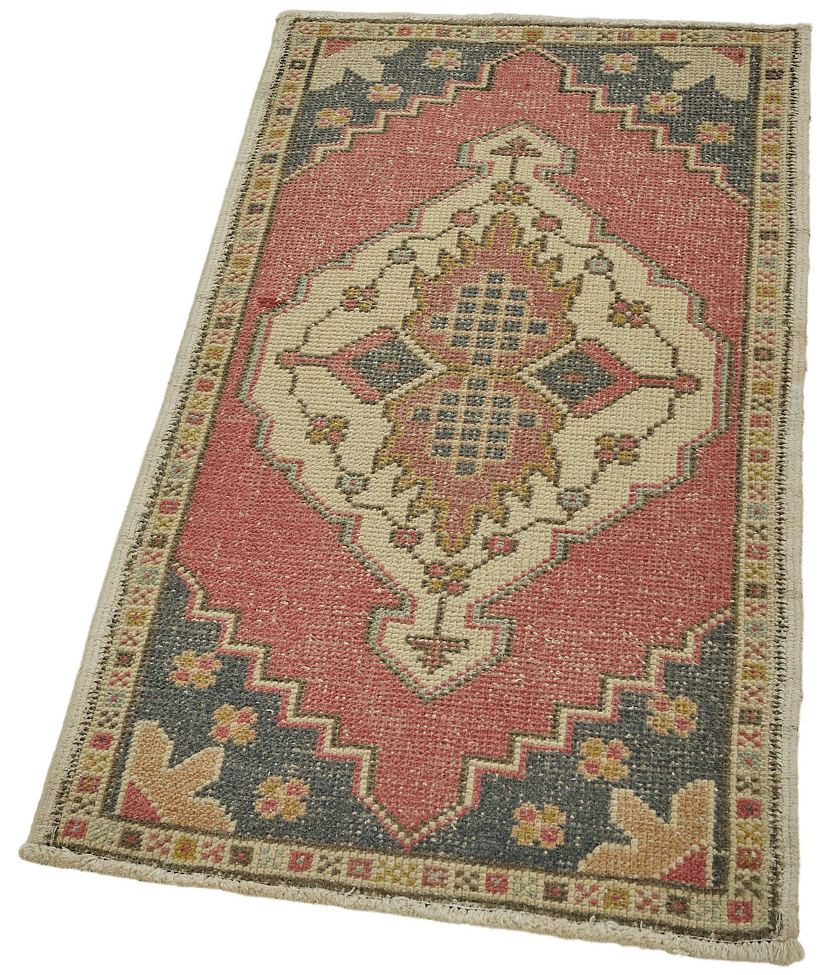 Vayla Pembe Lacivert Etnik Geometrik Desenli El Dokuma Halı 53x99 cm – doku yakın çekim