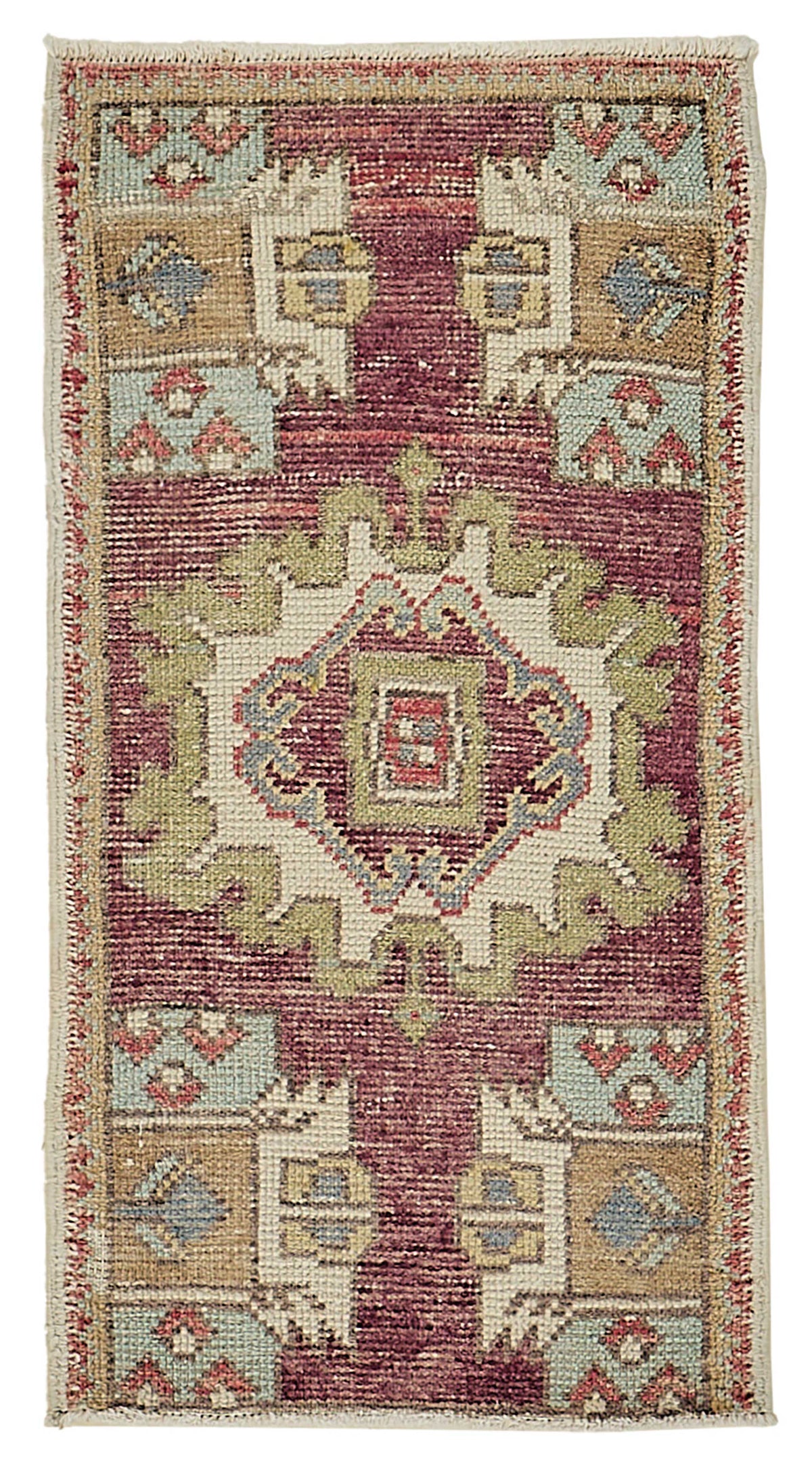 Vayla Bordo Bej Geometrik Desenli Yün El Dokuma Halı 51x92 cm