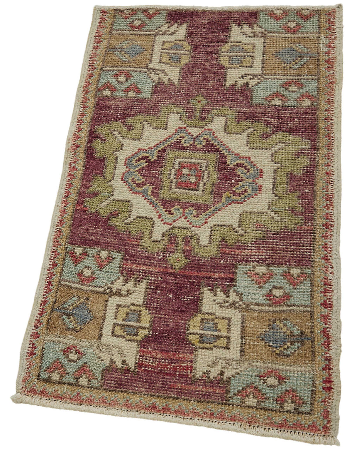Vayla Bordo Bej Geometrik Desenli Yün El Dokuma Halı 51x92 cm – doku yakın çekim