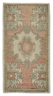 Vayla Pembe Yeşil Geometrik Etnik Pamuk Yün El Dokuma Halı 49x91 cm