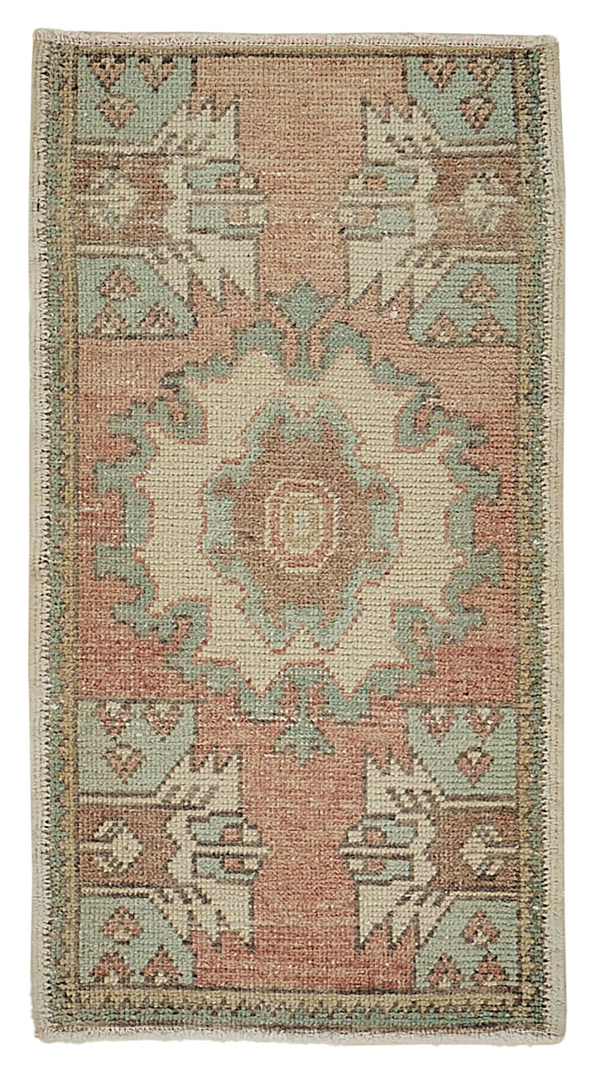 Vayla Pembe Yeşil Geometrik Etnik Pamuk Yün El Dokuma Halı 49x91 cm