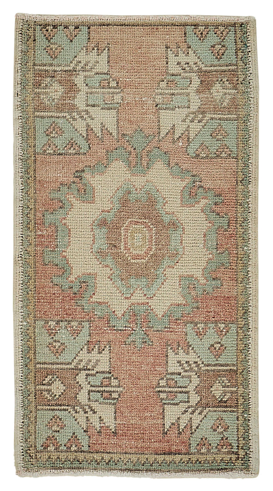 Vayla Pembe Yeşil Geometrik Etnik Pamuk Yün El Dokuma Halı 49x91 cm