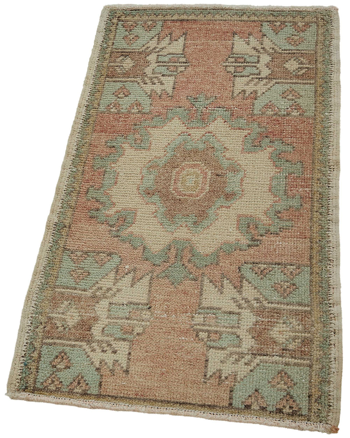 Vayla Pembe Yeşil Geometrik Etnik Pamuk Yün El Dokuma Halı 49x91 cm – doku yakın çekim