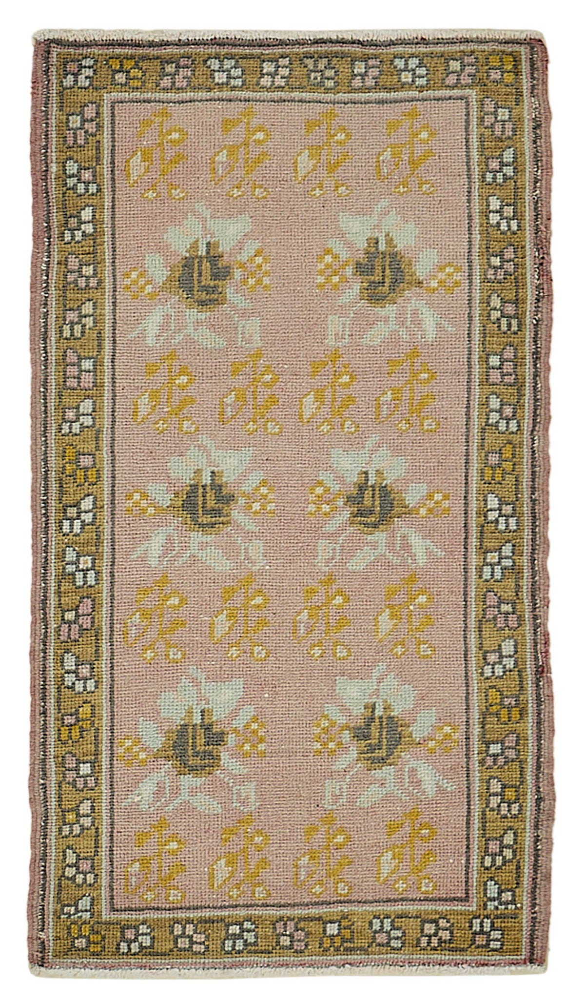 Vayla Pembe Sarı Çiçekli Etnik El Dokuma Halı 52x95 cm