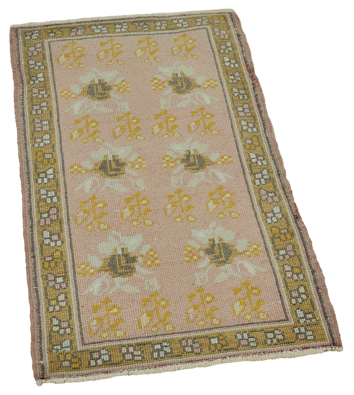 Vayla Pembe Sarı Çiçekli Etnik El Dokuma Halı 52x95 cm – genel görünüm