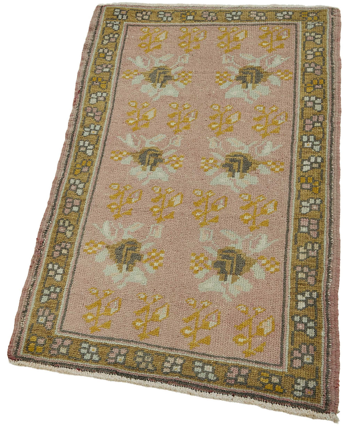 Vayla Pembe Sarı Çiçekli Etnik El Dokuma Halı 52x95 cm – doku yakın çekim