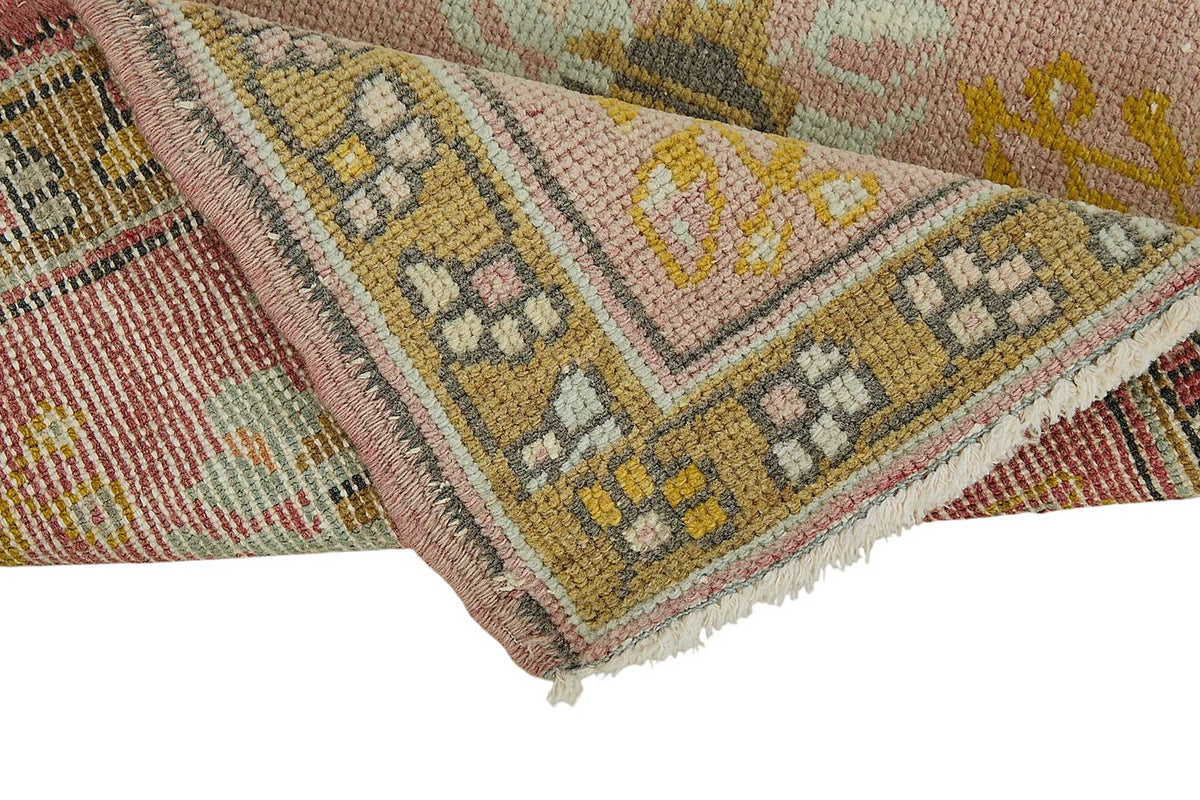 Vayla Pembe Sarı Çiçekli Etnik El Dokuma Halı 52x95 cm – kenar detayı