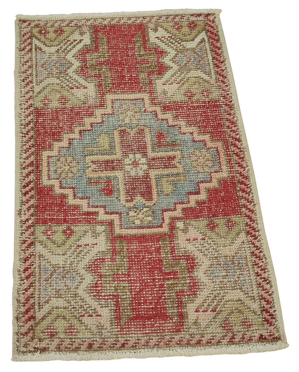 Vayla Kırmızı Bej Geometrik Etnik Yün Pamuk El Dokuma Halı 50x87 cm – genel görünüm