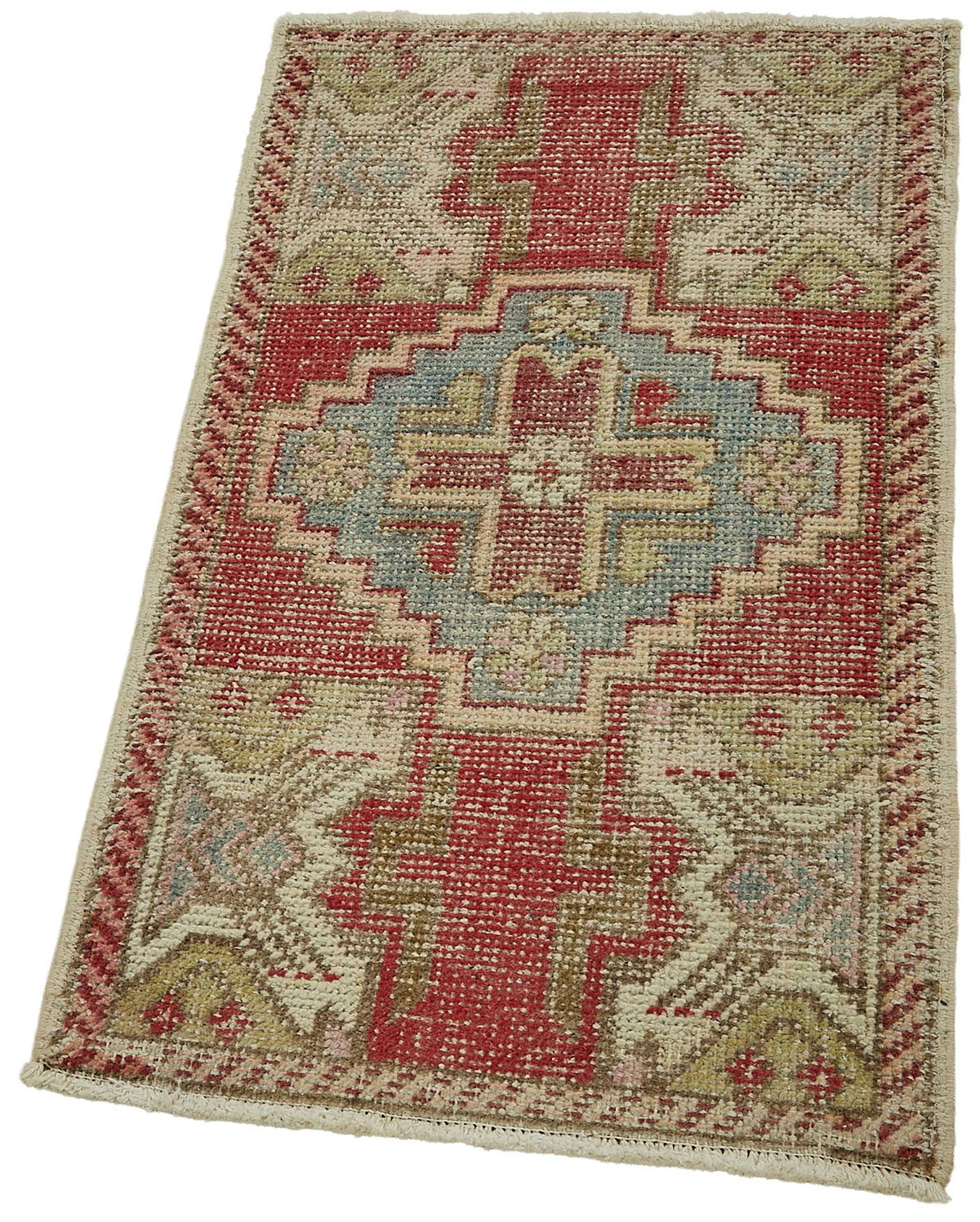 Vayla Kırmızı Bej Geometrik Etnik Yün Pamuk El Dokuma Halı 50x87 cm – doku yakın çekim