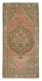 Vayla Kahverengi Pembe Geometrik Desenli Etnik El Dokuma Halı 48x91 cm
