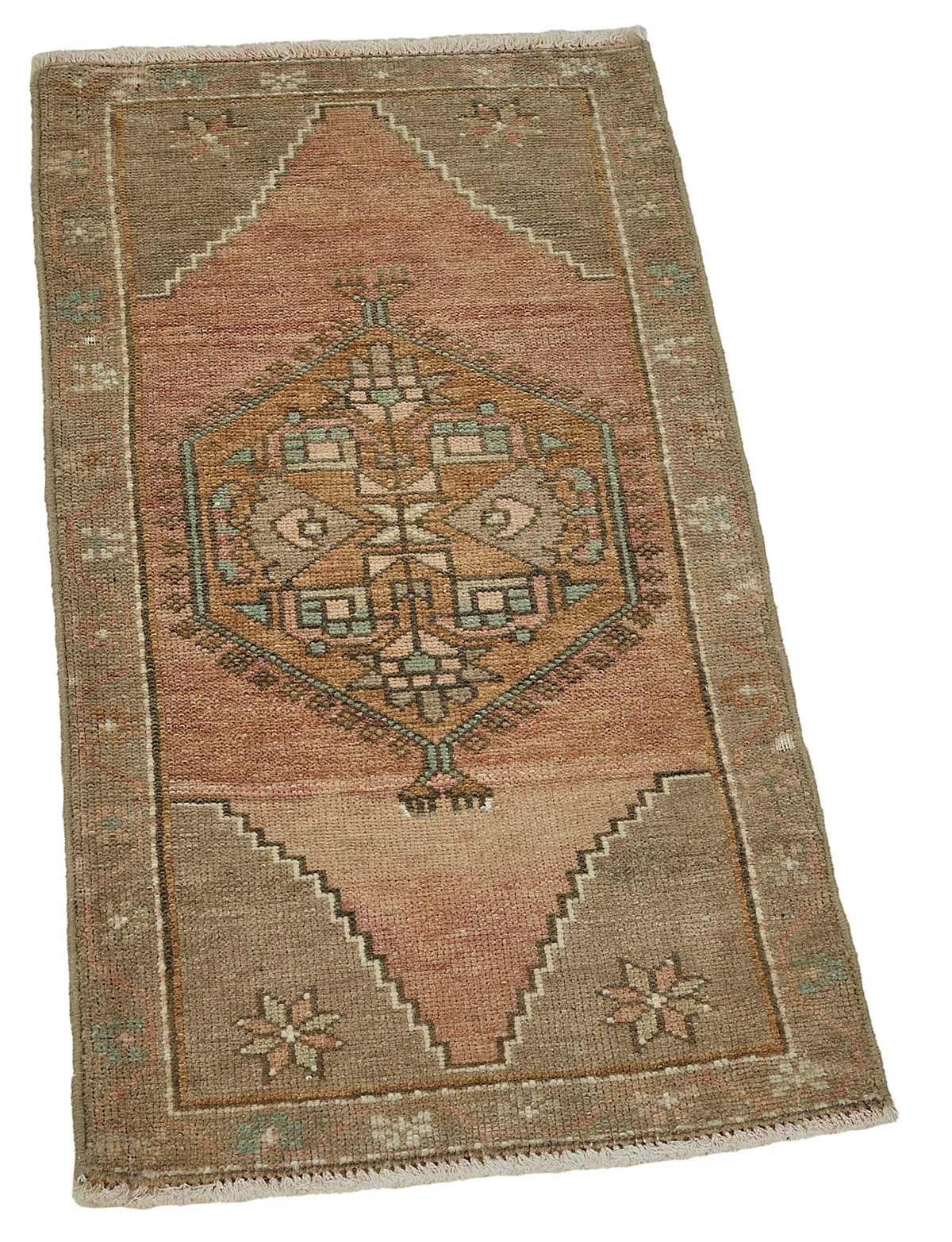 Vayla Kahverengi Pembe Geometrik Desenli Etnik El Dokuma Halı 48x91 cm – genel görünüm