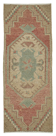 Vayla Bej Kırmızı Madalyon Desenli Pamuk Yün El Dokuma Halı 38x99 cm