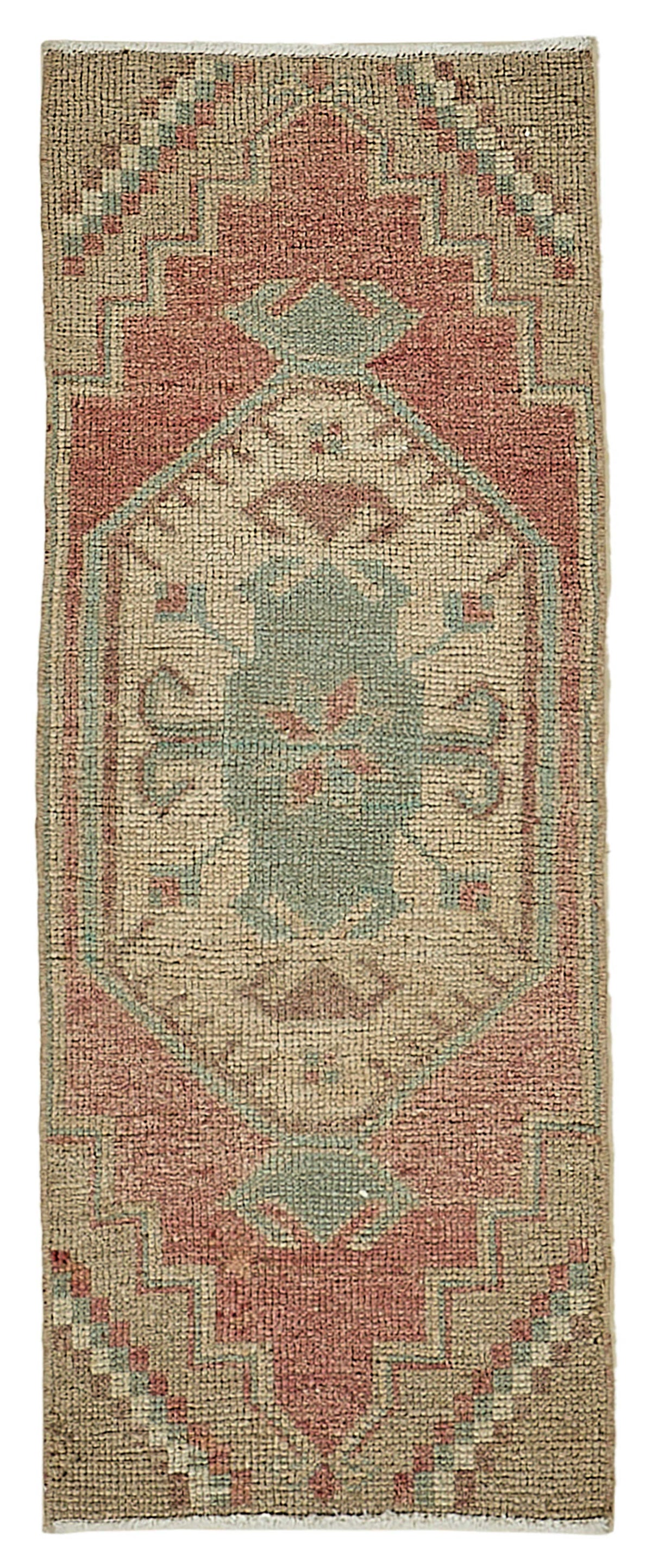 Vayla Bej Kırmızı Madalyon Desenli Pamuk Yün El Dokuma Halı 38x99 cm