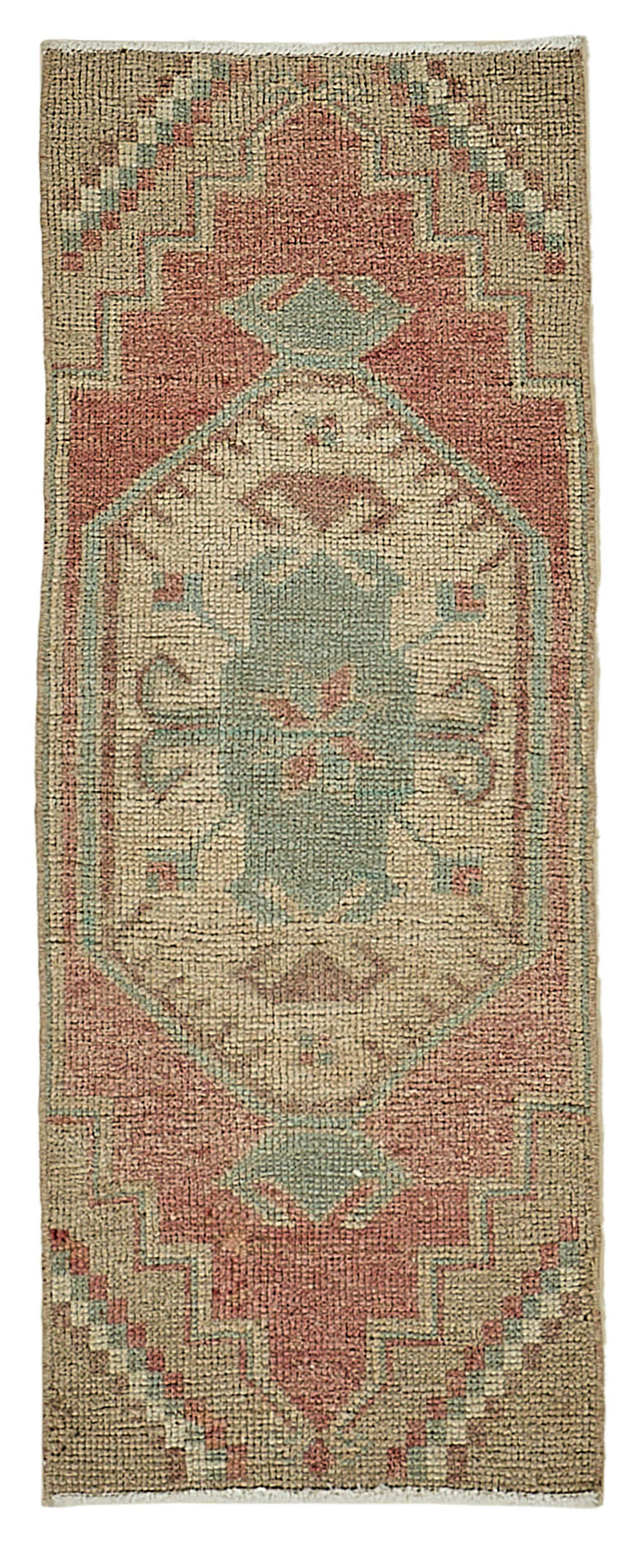 Vayla Bej Kırmızı Madalyon Desenli Pamuk Yün El Dokuma Halı 38x99 cm