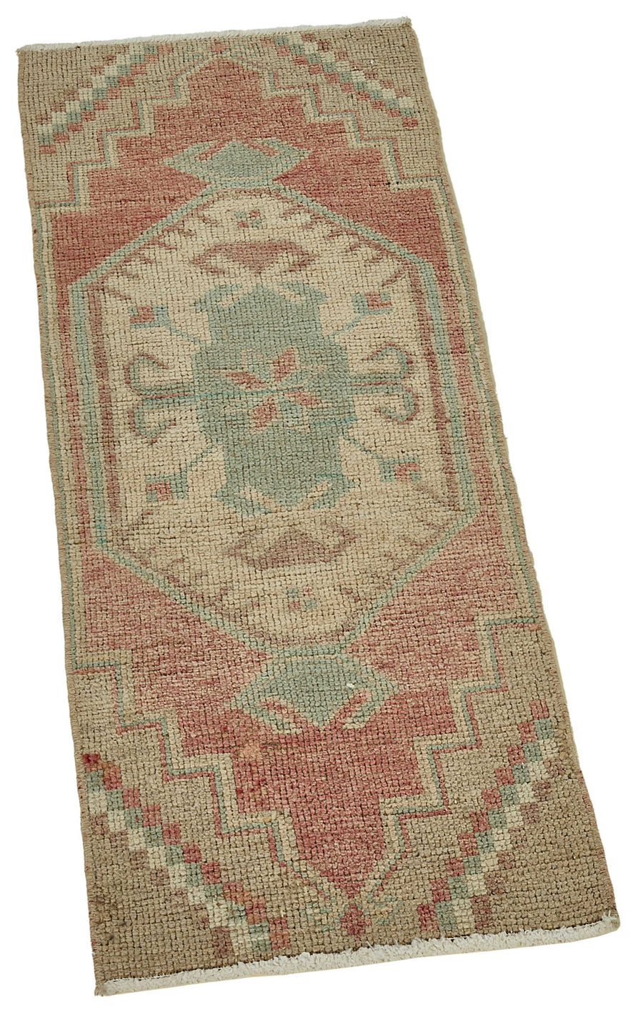 Vayla Bej Kırmızı Madalyon Desenli Pamuk Yün El Dokuma Halı 38x99 cm – genel görünüm