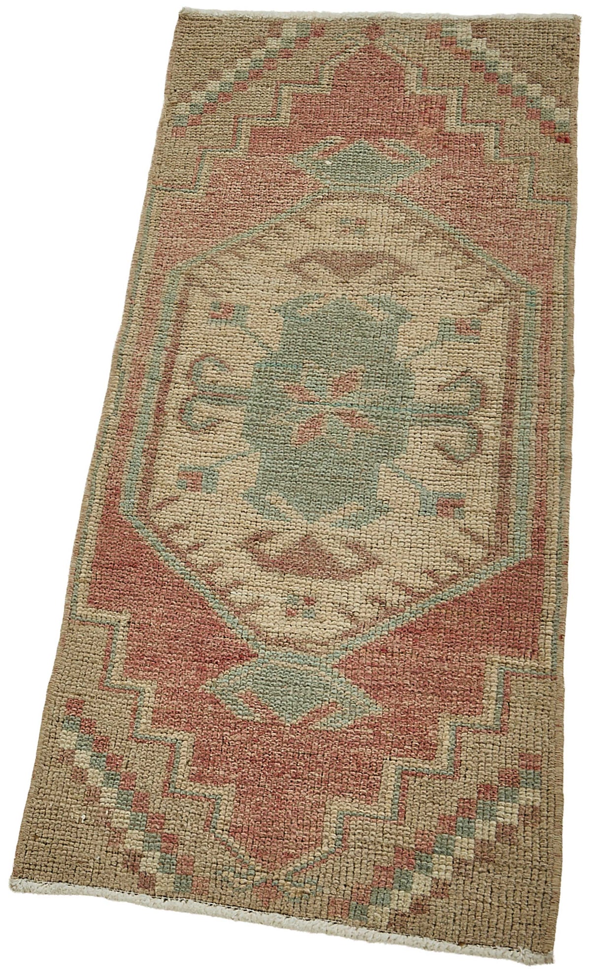 Vayla Bej Kırmızı Madalyon Desenli Pamuk Yün El Dokuma Halı 38x99 cm – doku yakın çekim