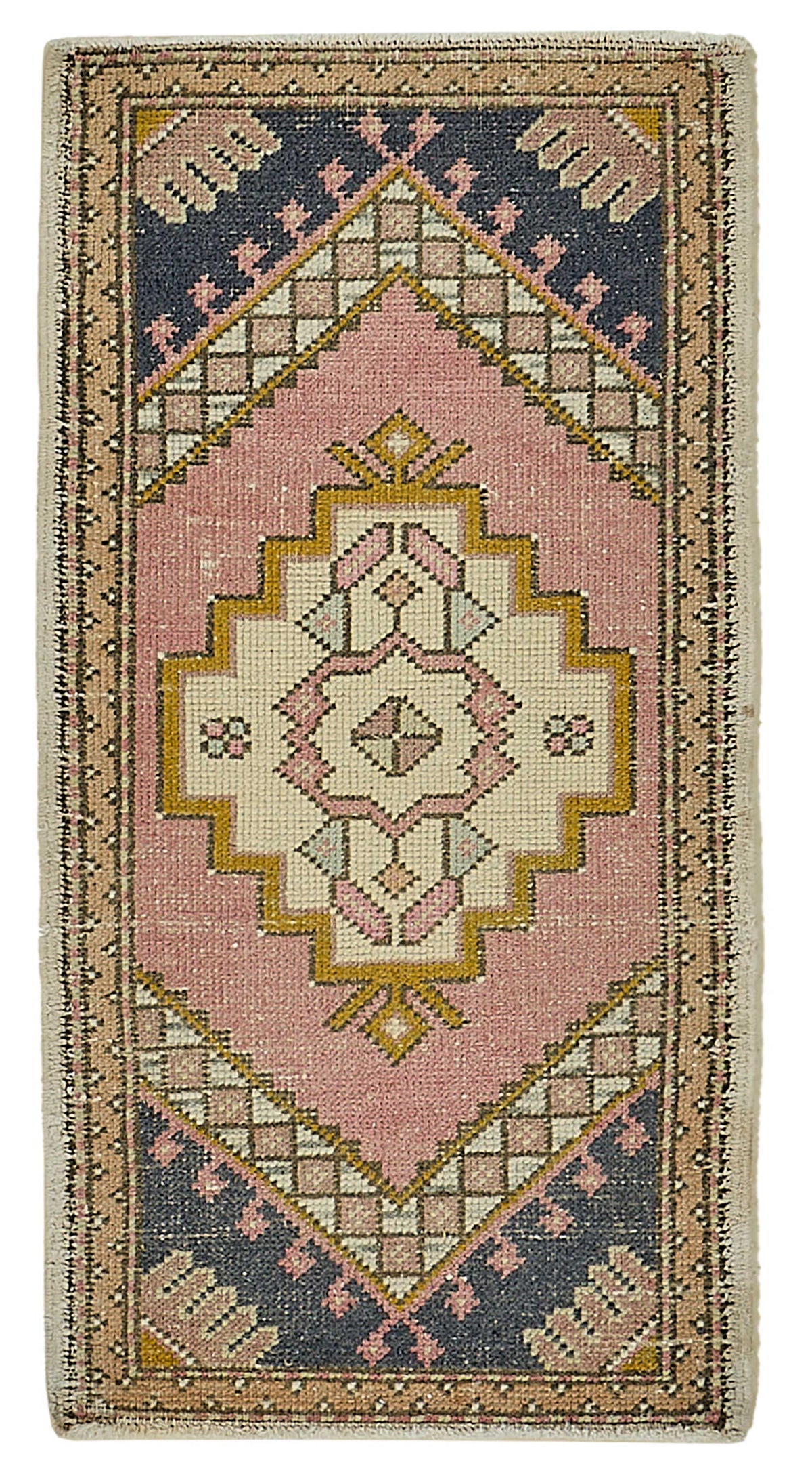 Vayla Geometrik Desenli Pembe Lacivert El Dokuma Halı 51x102 cm