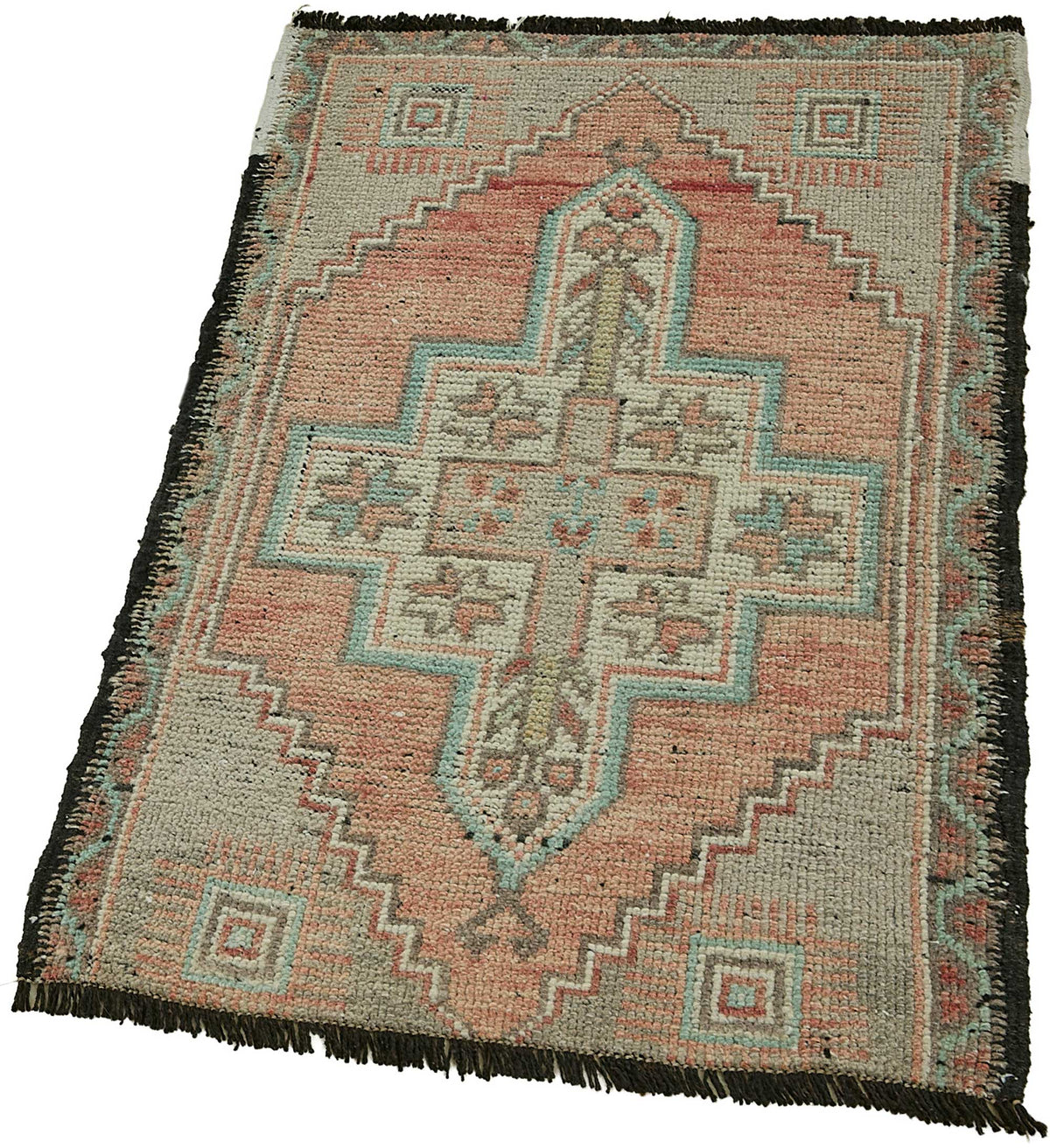 Vayla Pembe Halı Geometrik Desenli Vintage El Dokuma 50x75 cm – doku yakın çekim