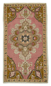 Vayla Pembe Kahverengi Madalyon Desenli Pamuk Yün El Dokuma Halı 55x95 cm