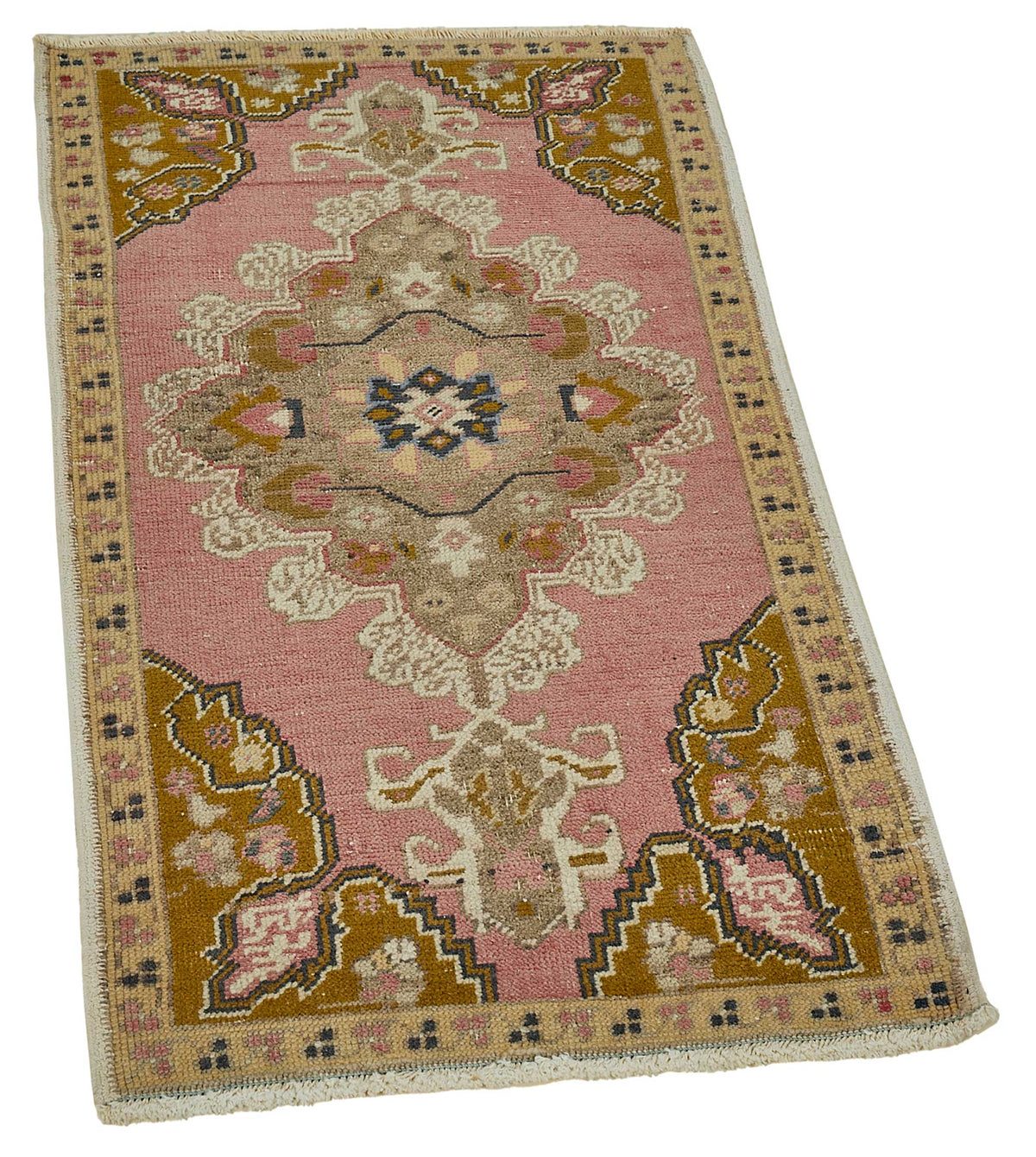Vayla Pembe Kahverengi Madalyon Desenli Pamuk Yün El Dokuma Halı 55x95 cm – genel görünüm