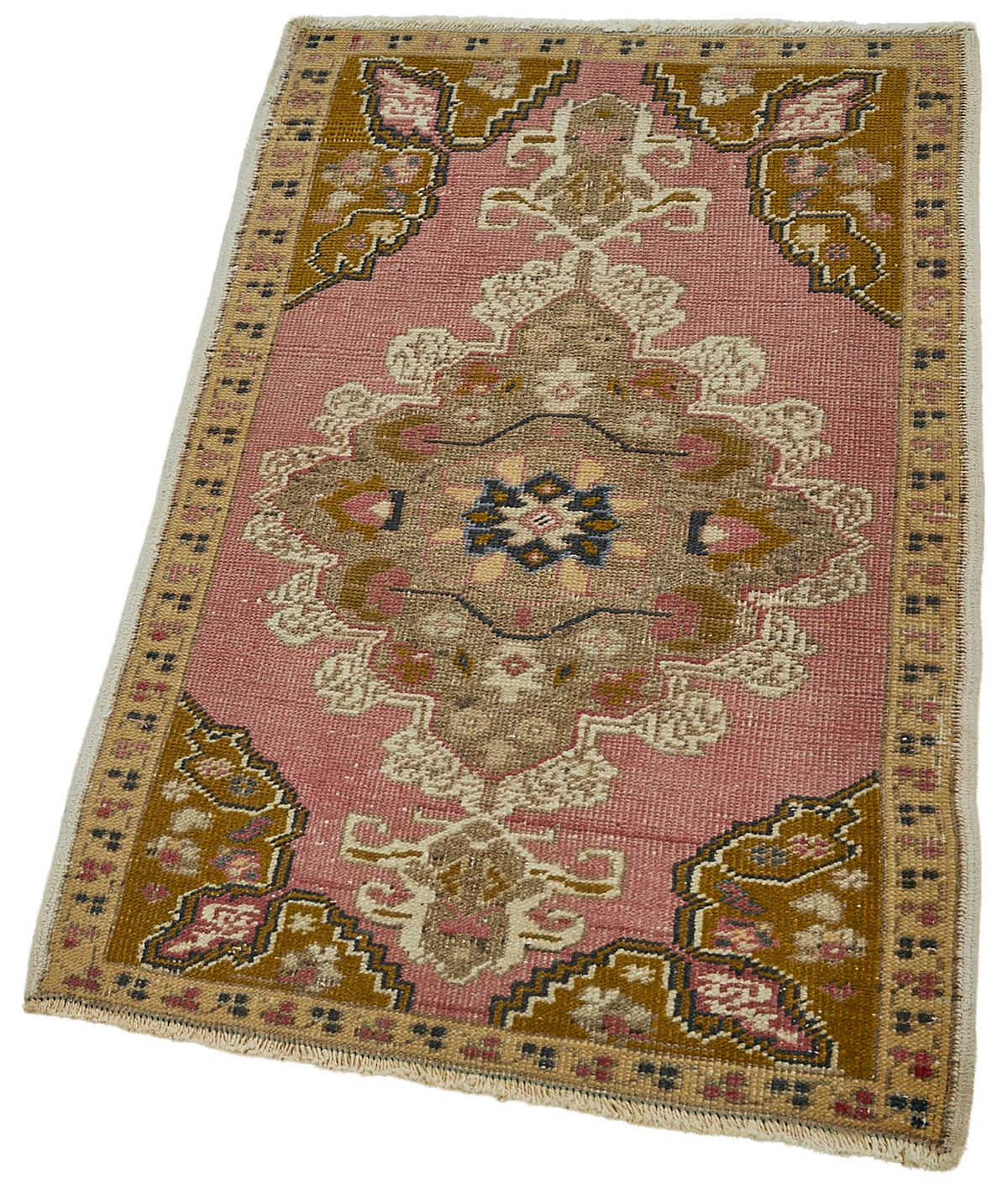 Vayla Pembe Kahverengi Madalyon Desenli Pamuk Yün El Dokuma Halı 55x95 cm – doku yakın çekim