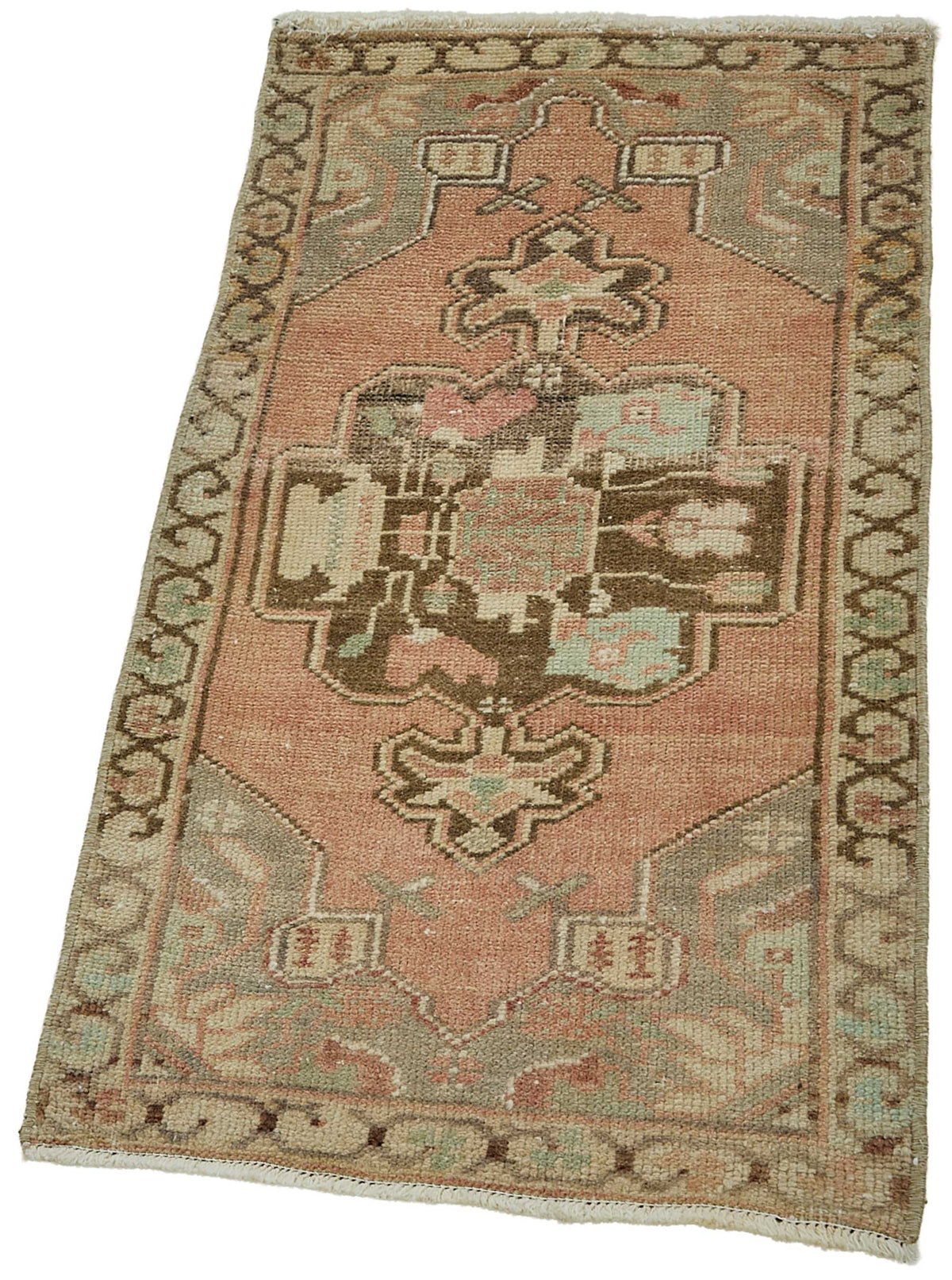 Vayla Pembe Kahverengi Madalyon Desenli El Dokuma Halı 46x85 cm – doku yakın çekim