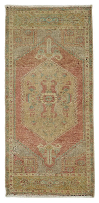 Vayla Bej Madalyon Göbek Eskitme Yün Pamuk El Dokuma Halı 46x97 cm