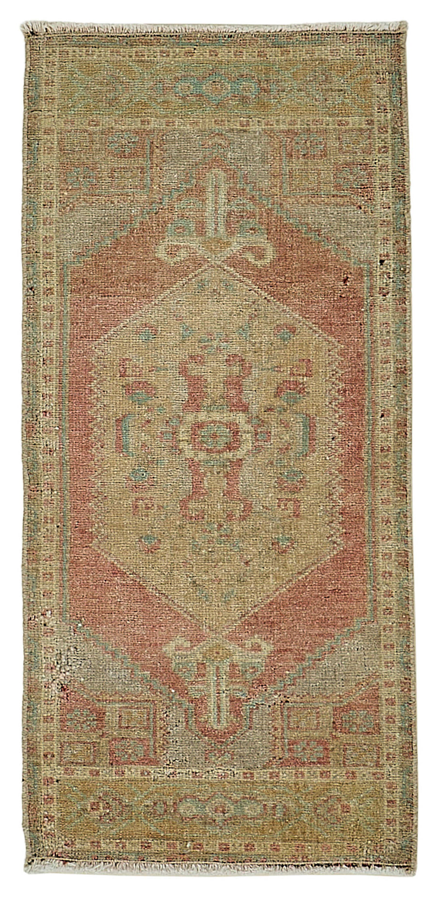 Vayla Bej Madalyon Göbek Eskitme Yün Pamuk El Dokuma Halı 46x97 cm