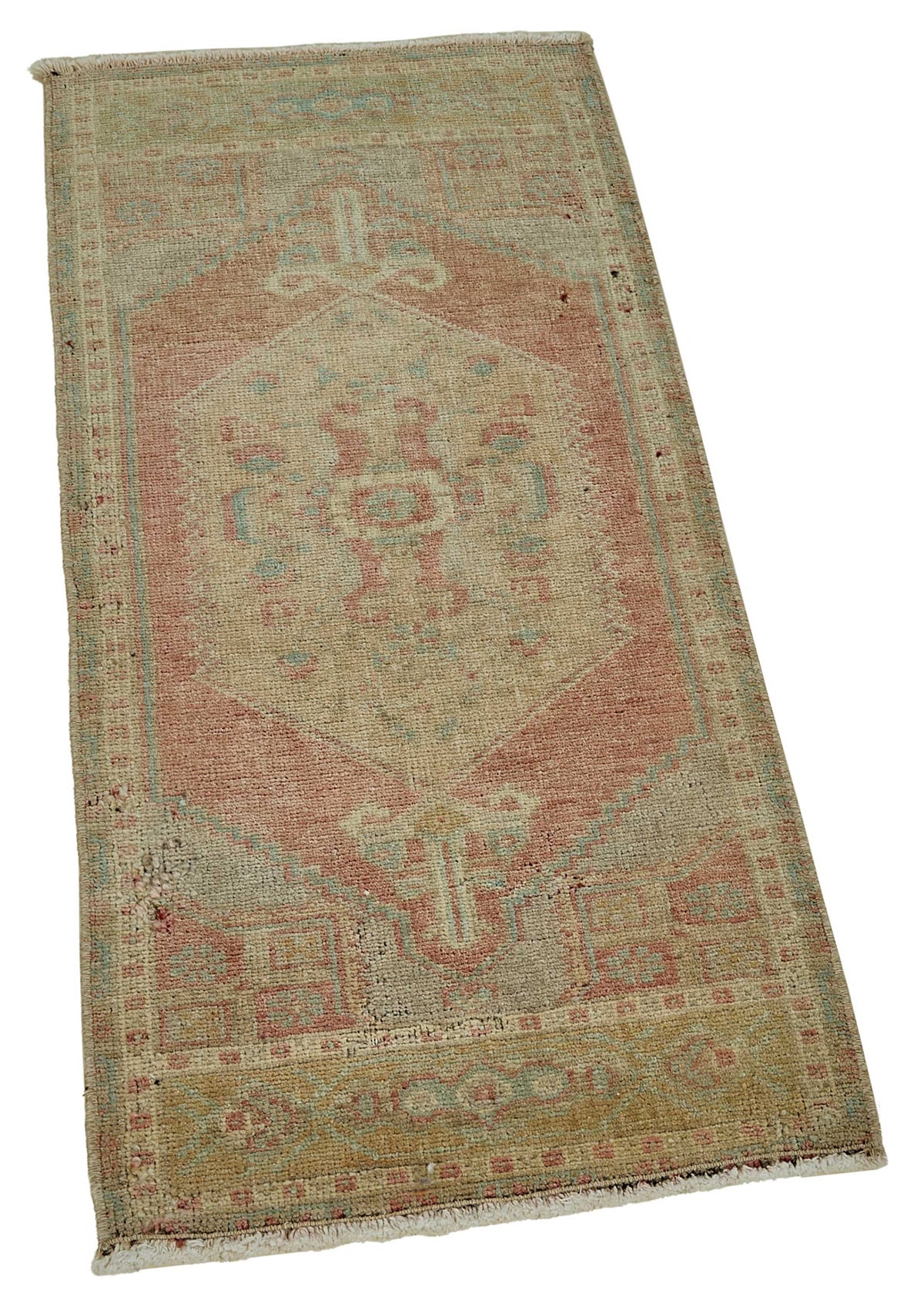 Vayla Bej Madalyon Göbek Eskitme Yün Pamuk El Dokuma Halı 46x97 cm – genel görünüm
