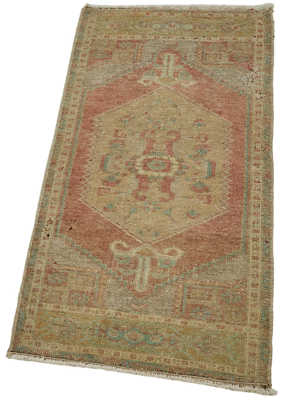 Vayla Bej Madalyon Göbek Eskitme Yün Pamuk El Dokuma Halı 46x97 cm – doku yakın çekim