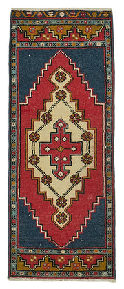 Vayla Lacivert Kırmızı Madalyon Geometrik El Dokuma Halı 41x102 cm
