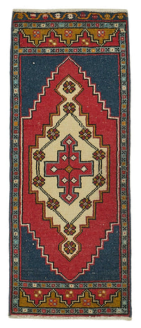 Vayla Lacivert Kırmızı Madalyon Geometrik El Dokuma Halı 41x102 cm