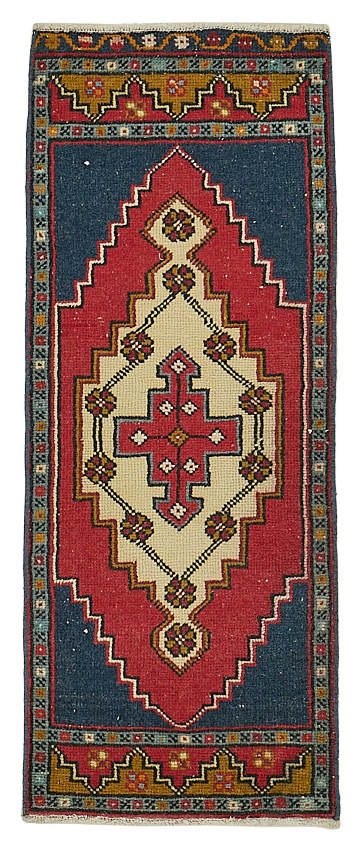 Vayla Lacivert Kırmızı Madalyon Geometrik El Dokuma Halı 41x102 cm