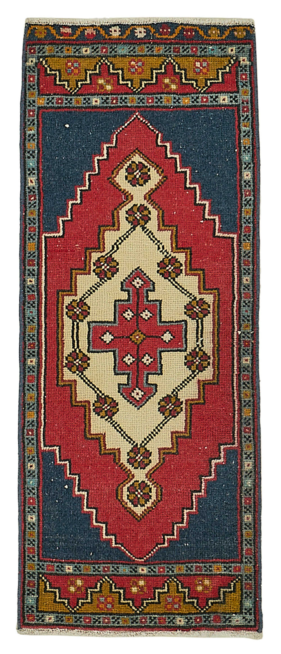 Vayla Granatowo-czerwony dywan z geometrycznym wzorem medalionów, ręcznie tkany 41x102 cm