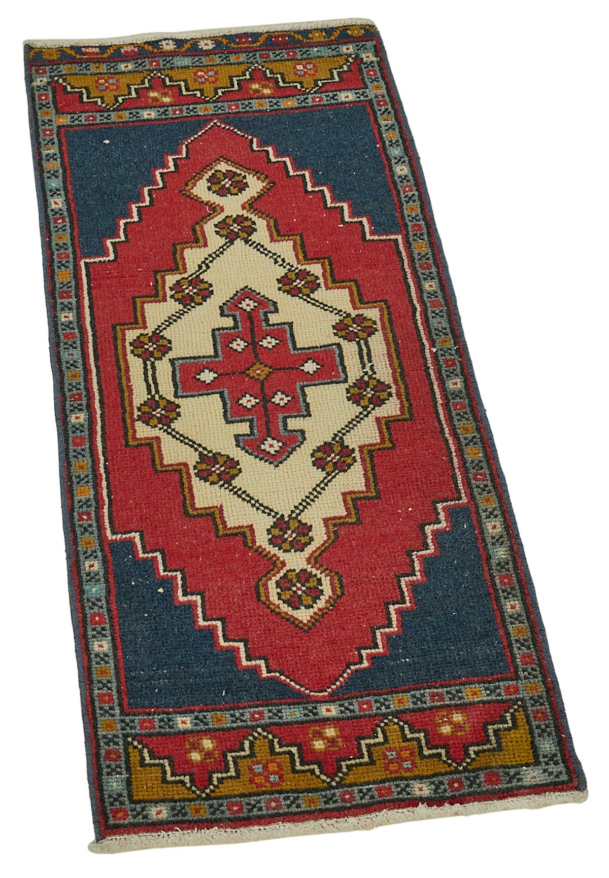 Vayla Lacivert Kırmızı Madalyon Geometrik El Dokuma Halı 41x102 cm – genel görünüm