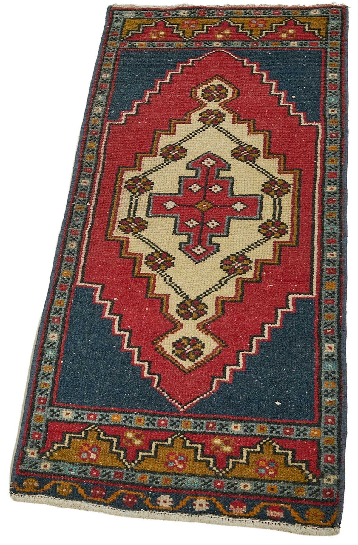 Vayla Lacivert Kırmızı Madalyon Geometrik El Dokuma Halı 41x102 cm – doku yakın çekim