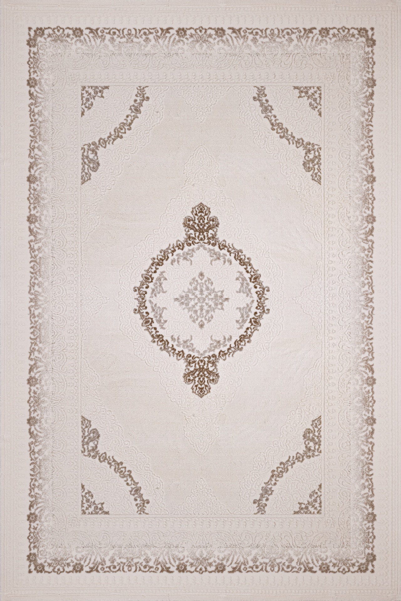 Bej Krem Desenli Göbekli Halı - Yıkanabilir - Kaymaz Taban - Pati Dostu