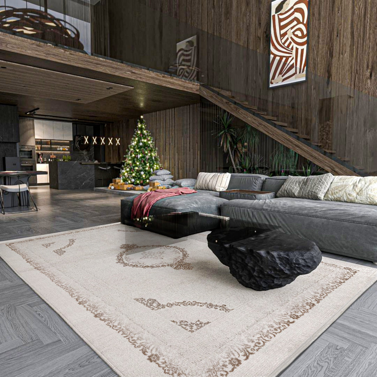 Bej Krem Desenli Göbekli Halı - Yıkanabilir - Kaymaz Taban - Pati Dostu