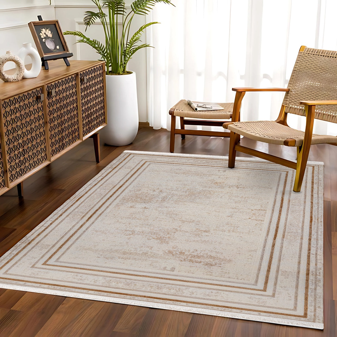 Beyaz Gri Bordürlü Minimalist Halı - Yıkanabilir - Kaymaz Taban - Pati Dostu