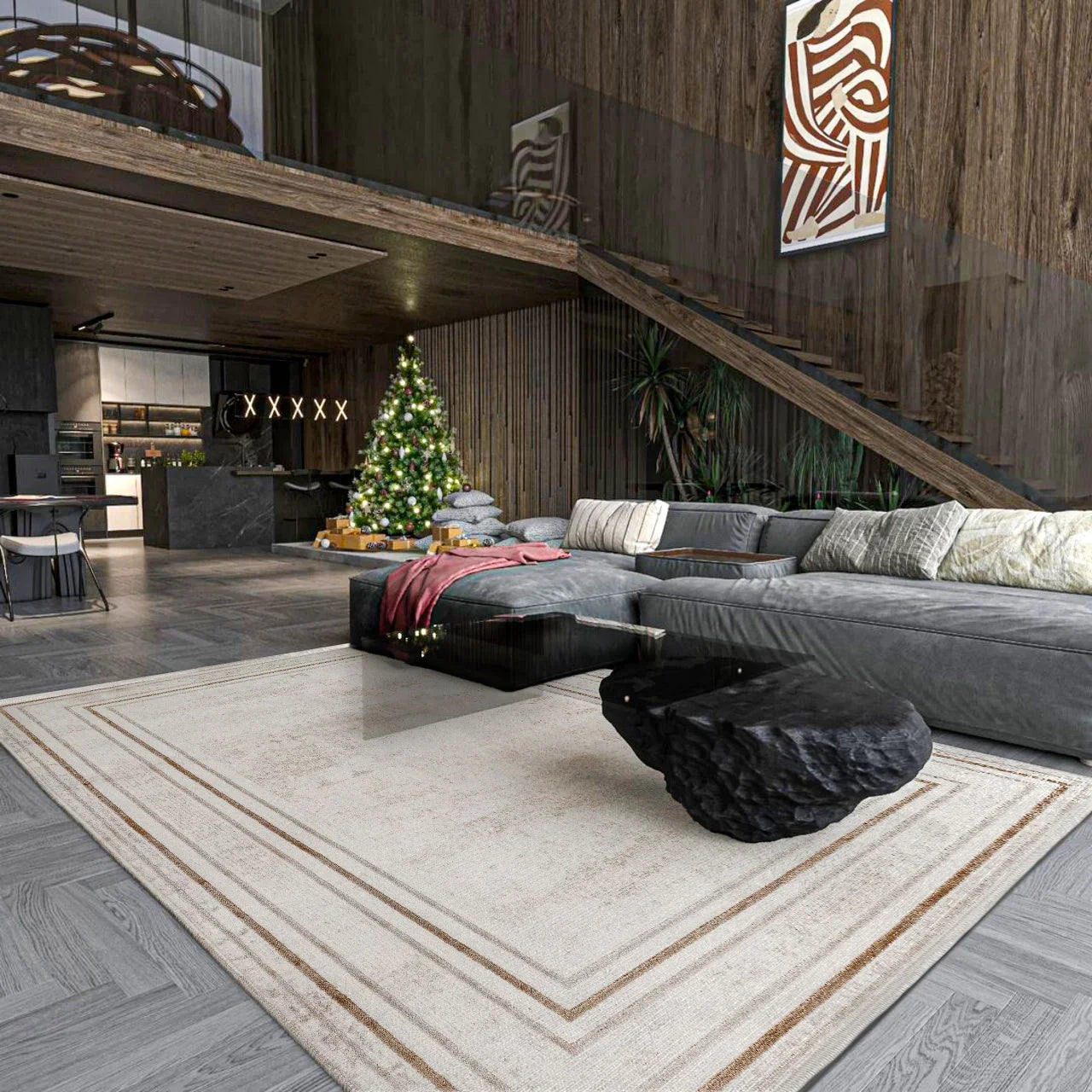 Beyaz Gri Bordürlü Minimalist Halı - Yıkanabilir - Kaymaz Taban - Pati Dostu