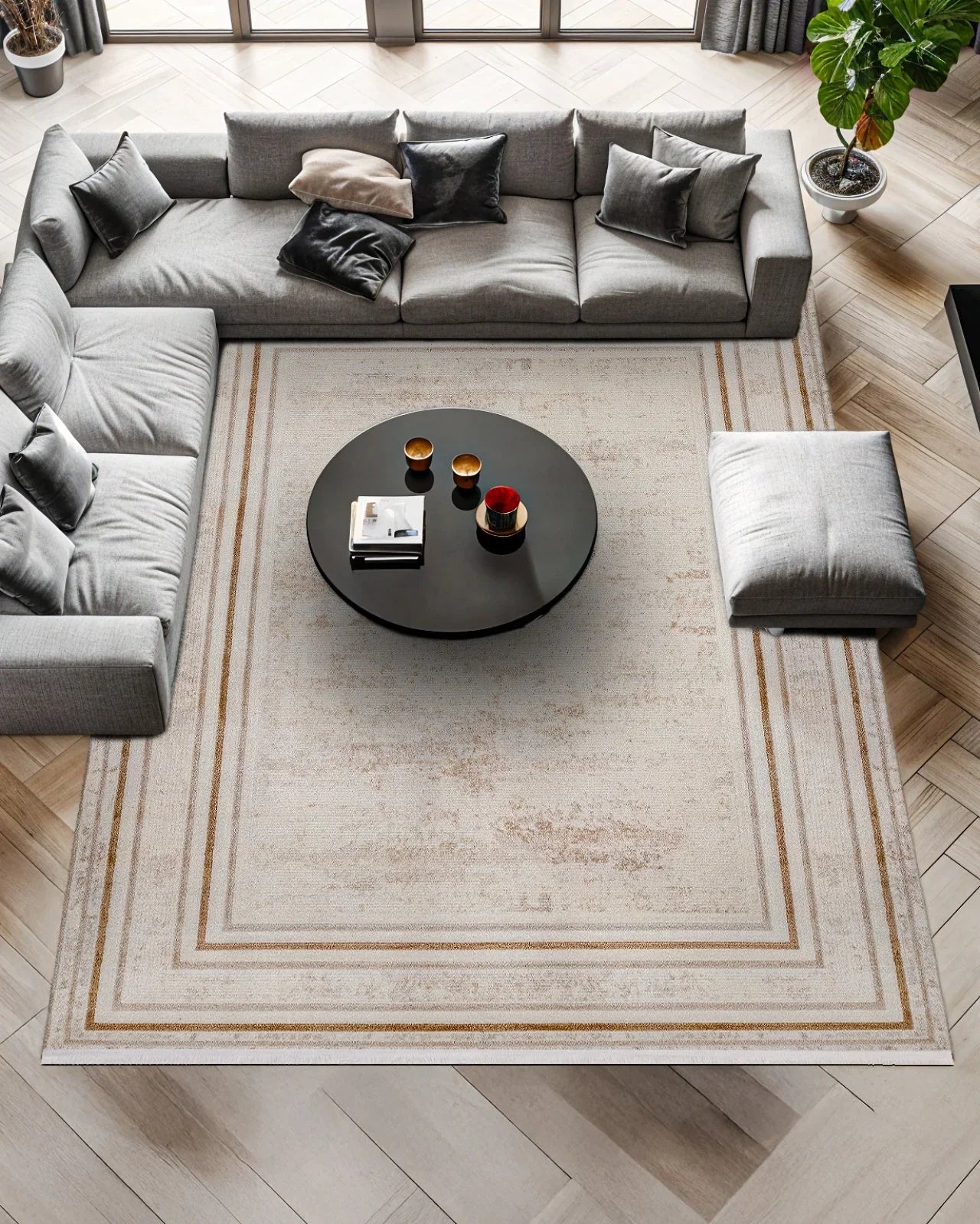 Beyaz Gri Bordürlü Minimalist Halı - Yıkanabilir - Kaymaz Taban - Pati Dostu
