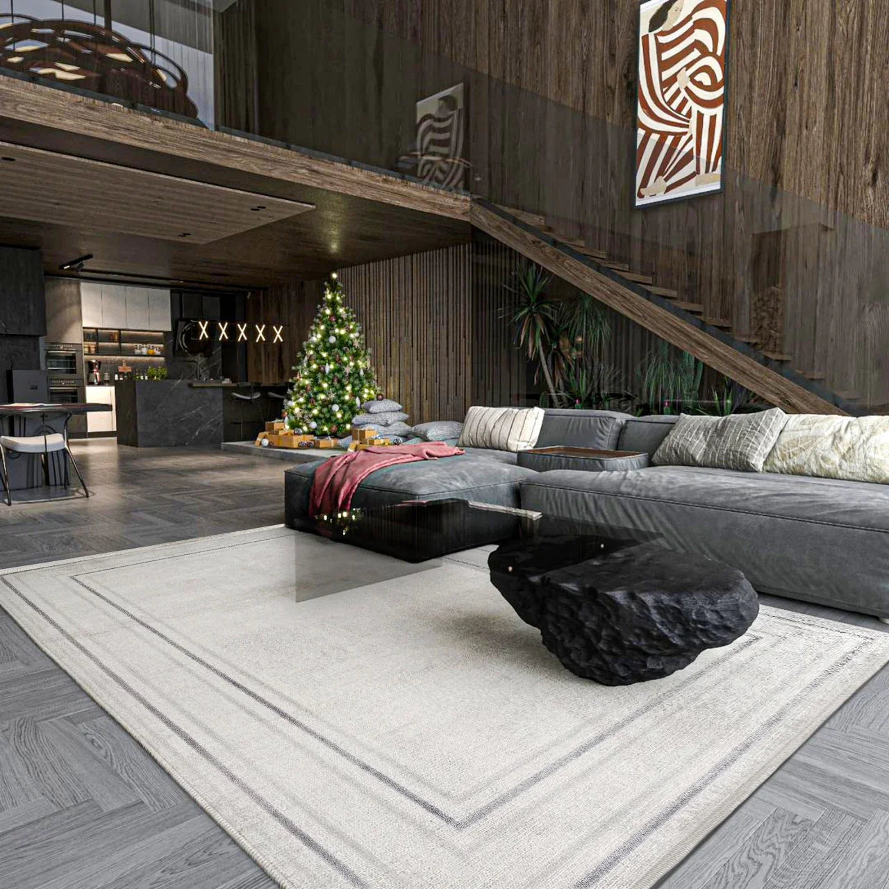 Beyaz Ekru Bordürlü Minimalist Halı - Yıkanabilir - Kaymaz Taban - Pati Dostu