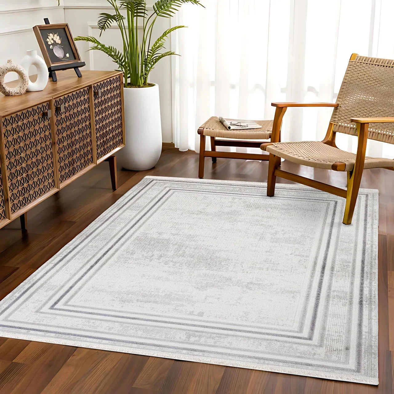 Beyaz Ekru Bordürlü Minimalist Halı - Yıkanabilir - Kaymaz Taban - Pati Dostu
