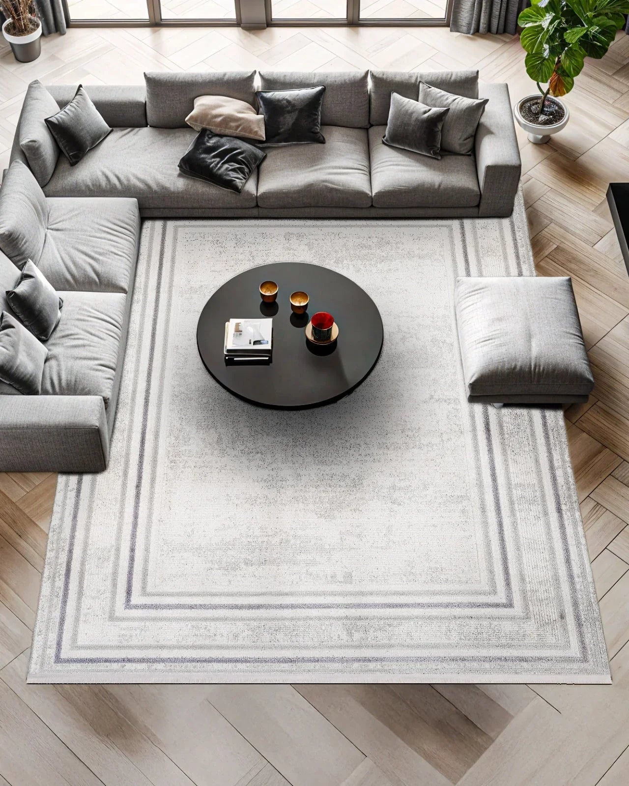 Beyaz Ekru Bordürlü Minimalist Halı - Yıkanabilir - Kaymaz Taban - Pati Dostu