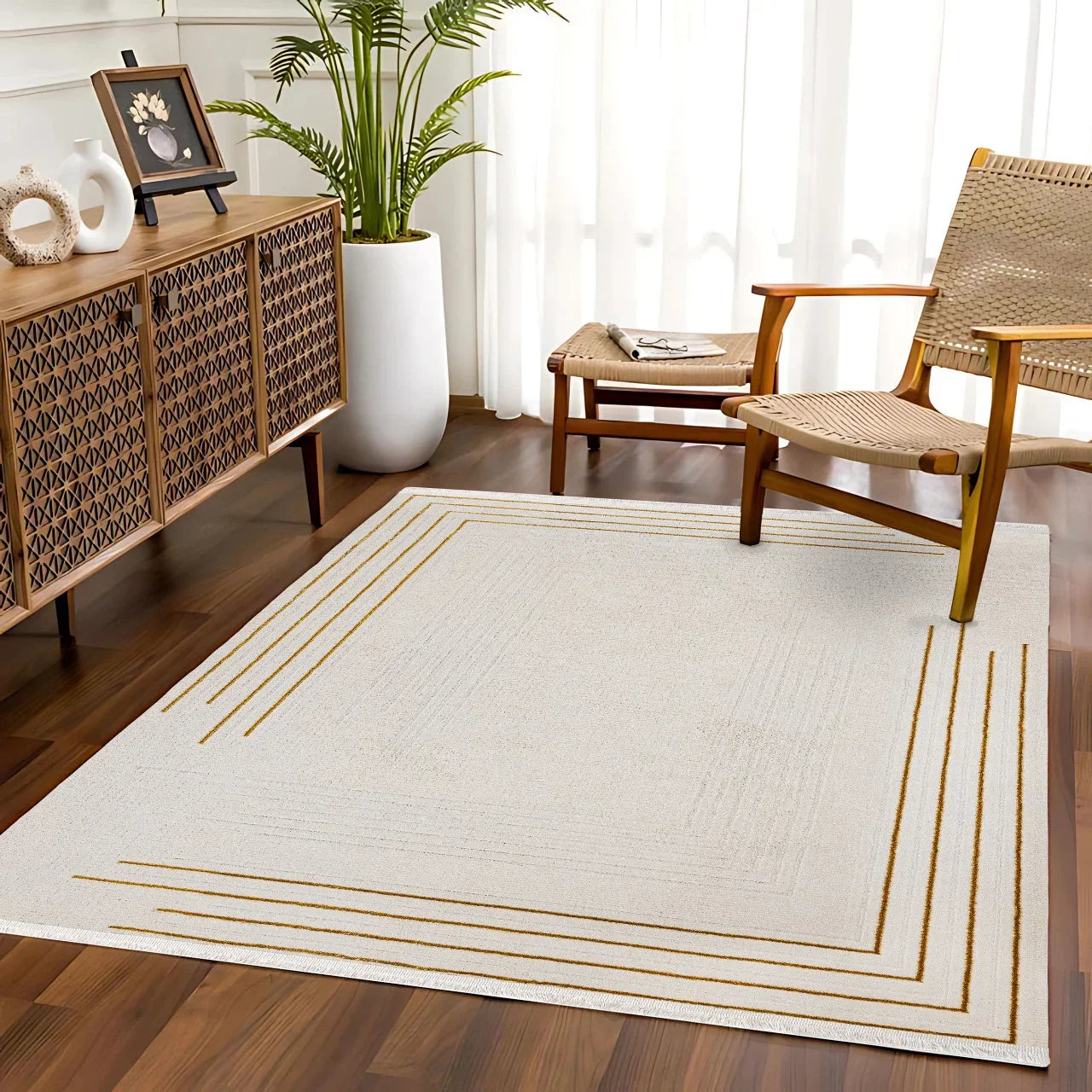 Gold Krem Bordürlü Minimalist Halı - Yıkanabilir - Kaymaz Taban - Pati Dostu