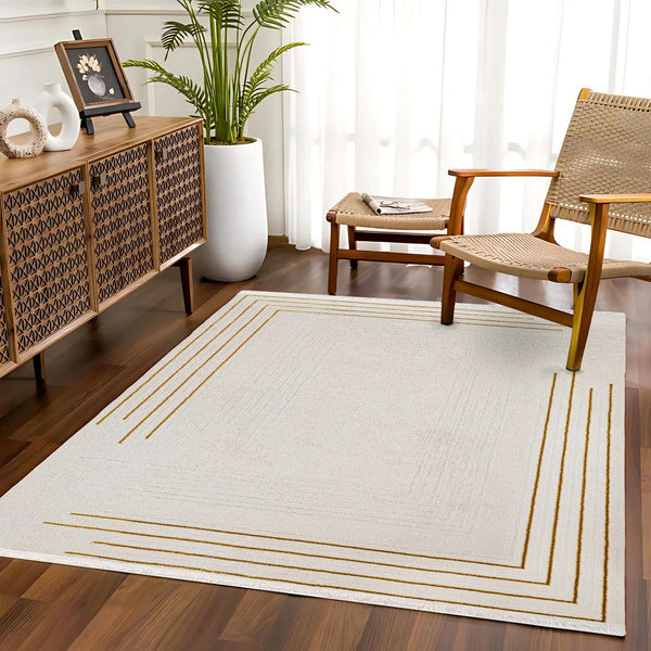 Gold Krem Bordürlü Minimalist Halı - Yıkanabilir - Kaymaz Taban - Pati Dostu