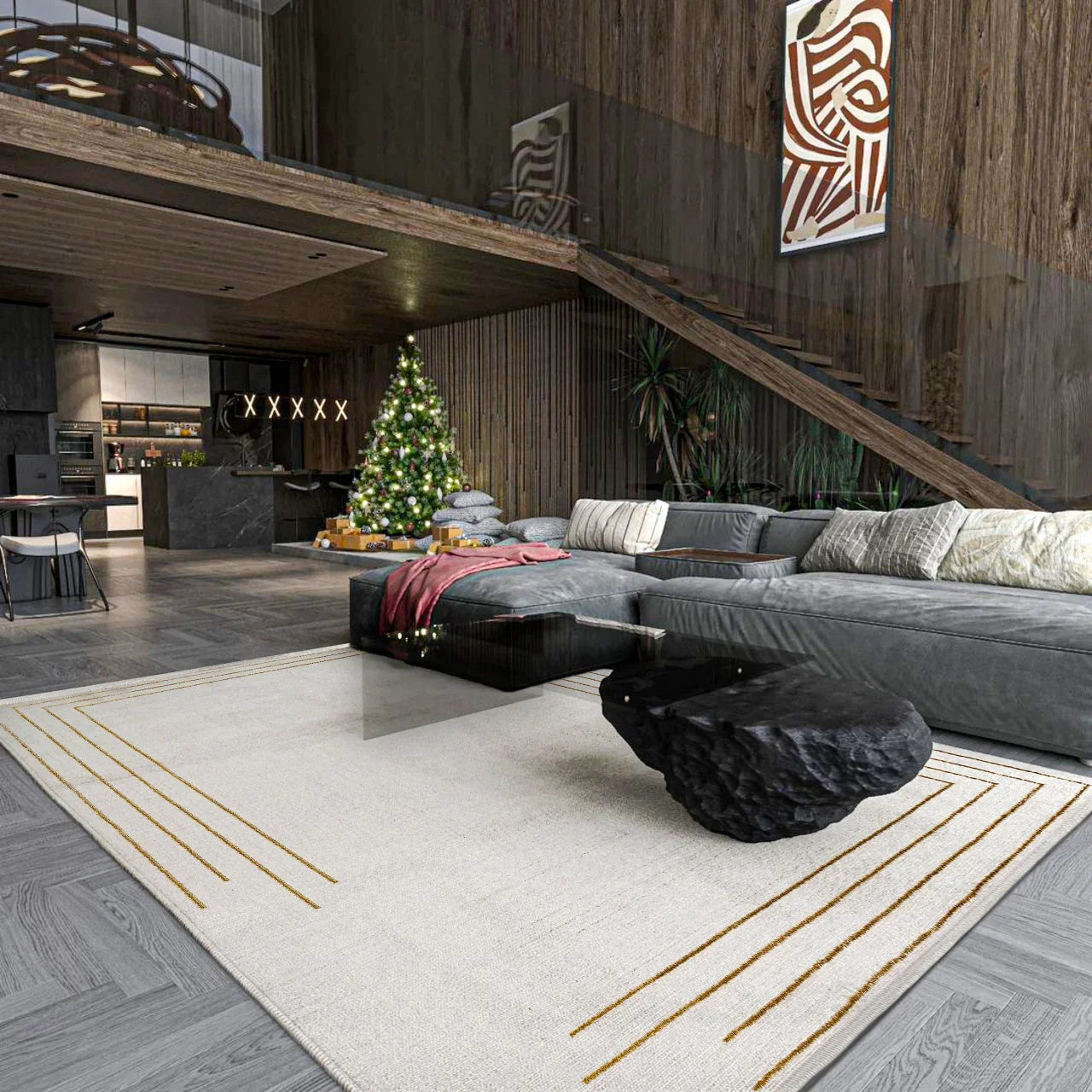 Gold Krem Bordürlü Minimalist Halı - Yıkanabilir - Kaymaz Taban - Pati Dostu