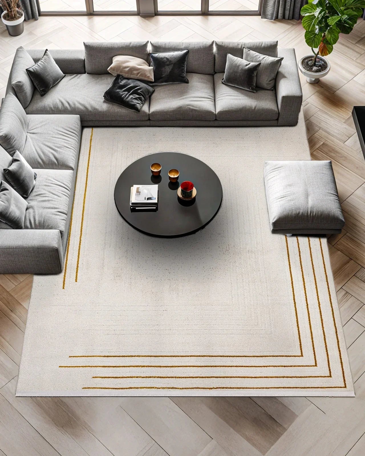 Gold Krem Bordürlü Minimalist Halı - Yıkanabilir - Kaymaz Taban - Pati Dostu